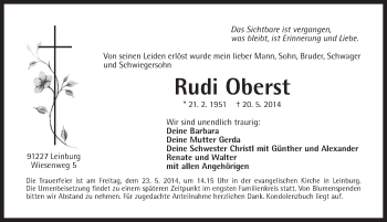 Traueranzeige von Rudi Oberst von Pegnitz-Zeitung